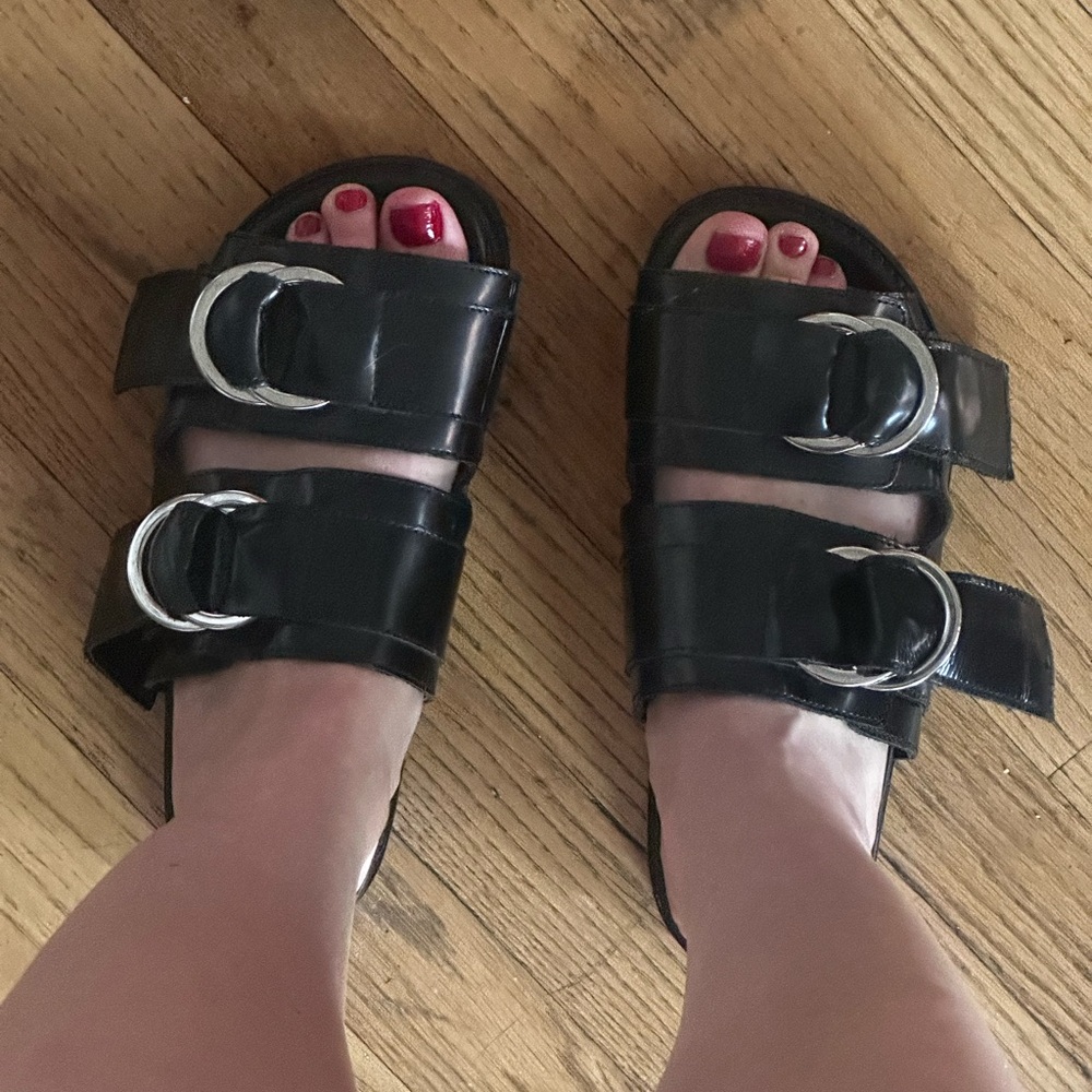 Ganni Double-Strap Patent-Leather Slides